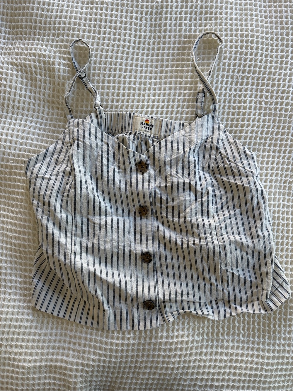 Marine Layer White & Navy Striped Linen-Blend Button Cami